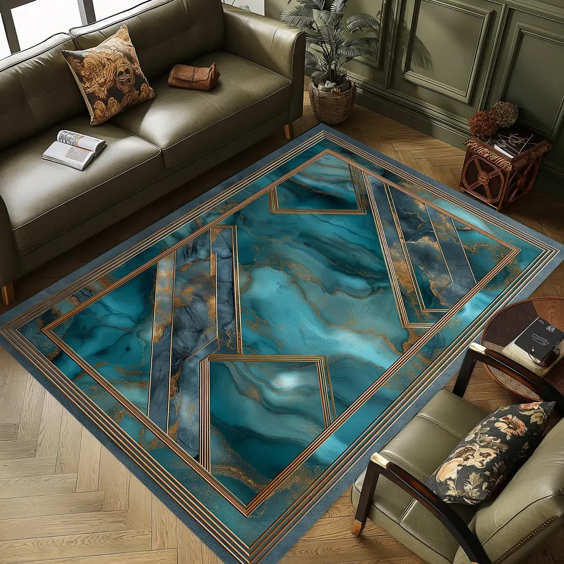 Elegant Teal Marble Area Rug – Gold Geometric Border Print Carpet Decorative Washable Floor Mat for Sophisticated Home & Office
