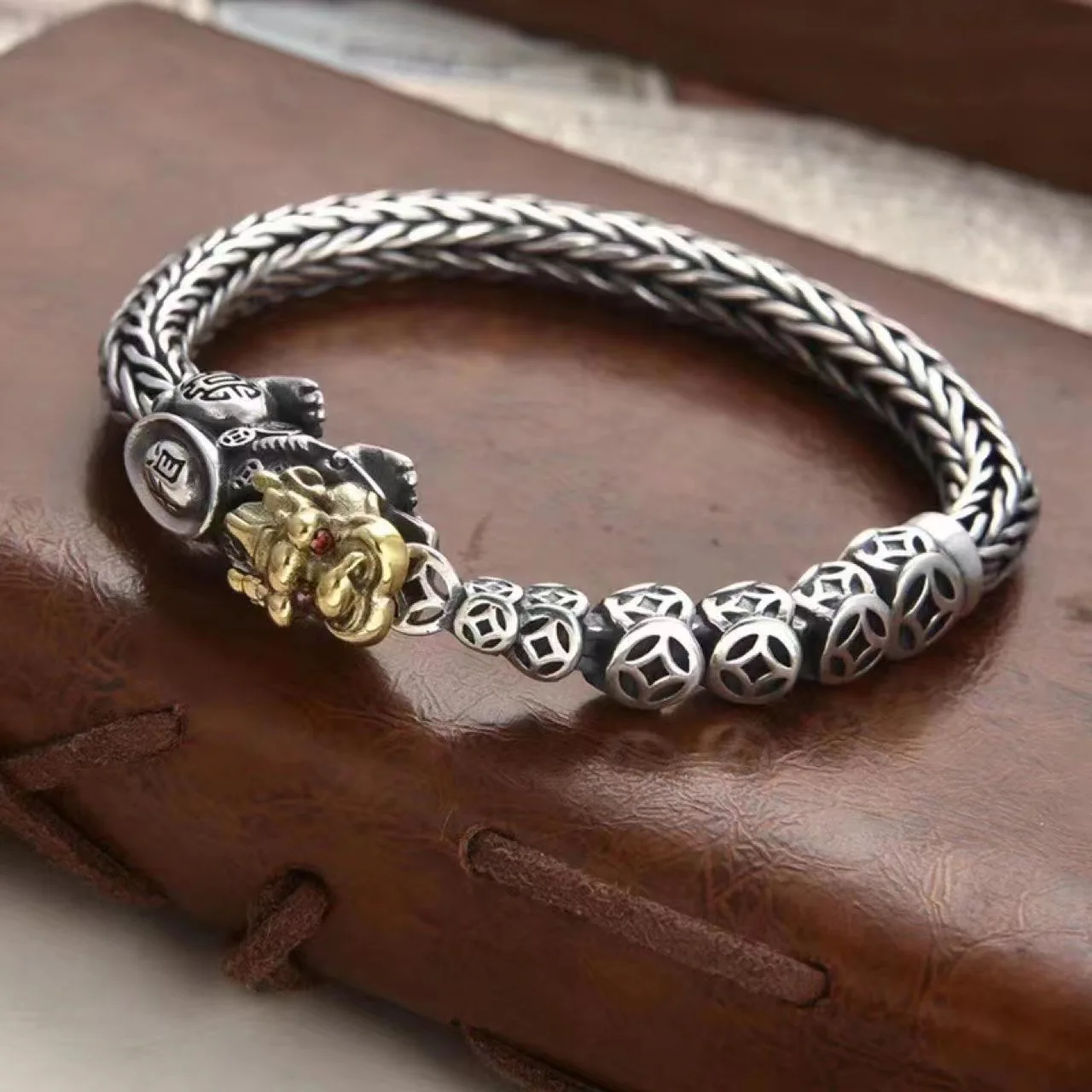 S925 silver vintage copper coin brave men's bracelet personality domineer male keel chain to make old Thai silver bracelet gift