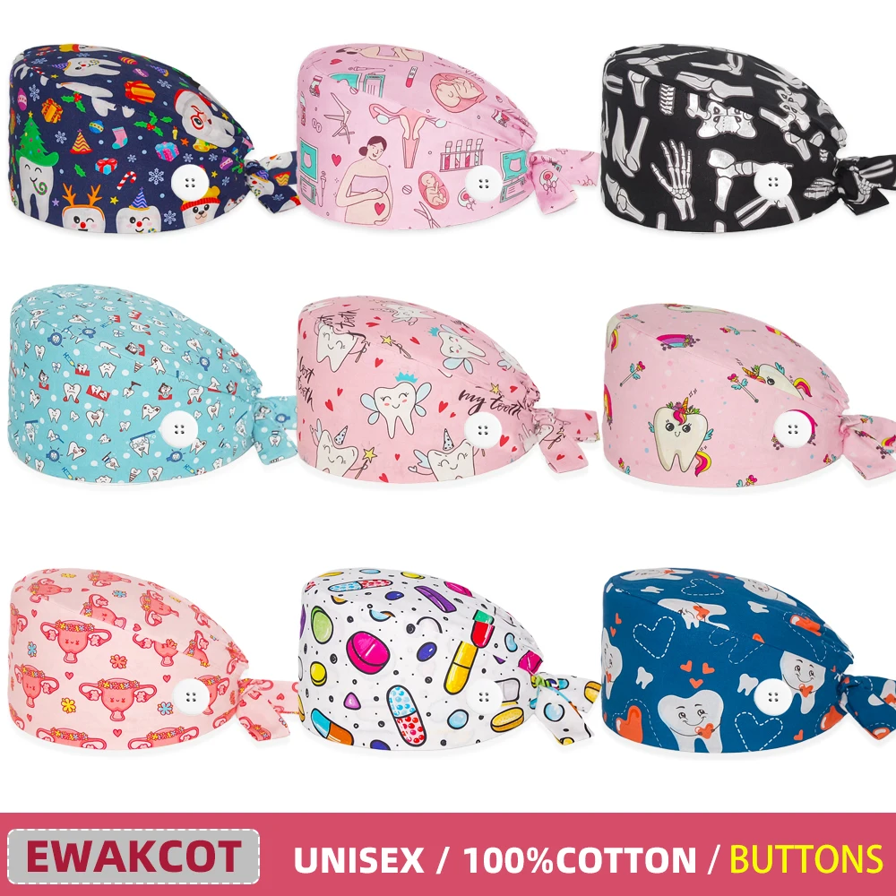 Unisex Surgical Cap printed pet shop hospital operating room Dental scrub hat 100%cotton pharmacy medical caps buttons