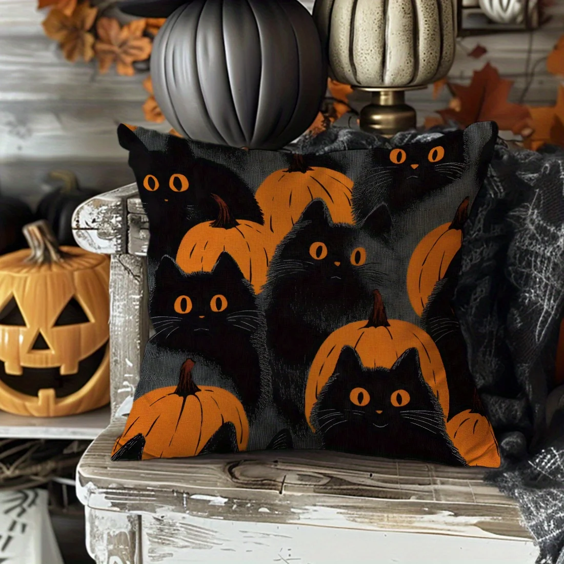 1pc Of Single-Sided Printed Pillow Cover Featuring A Halloween Black Cat And Pumpkin Design Suitable For Halloween With Dimensio