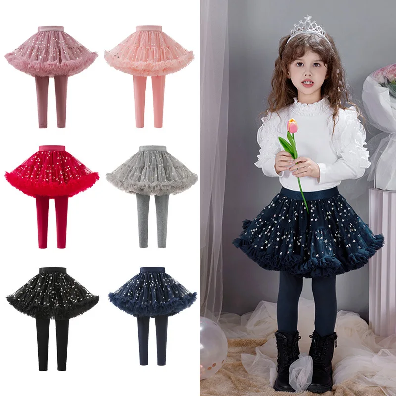 Girls Tutu Skirt Pants Spring Autumn 2-in-1 Princess Culottes Dance Leggings Star Tulle Layer Party Skirt Pants for Toddler Kids