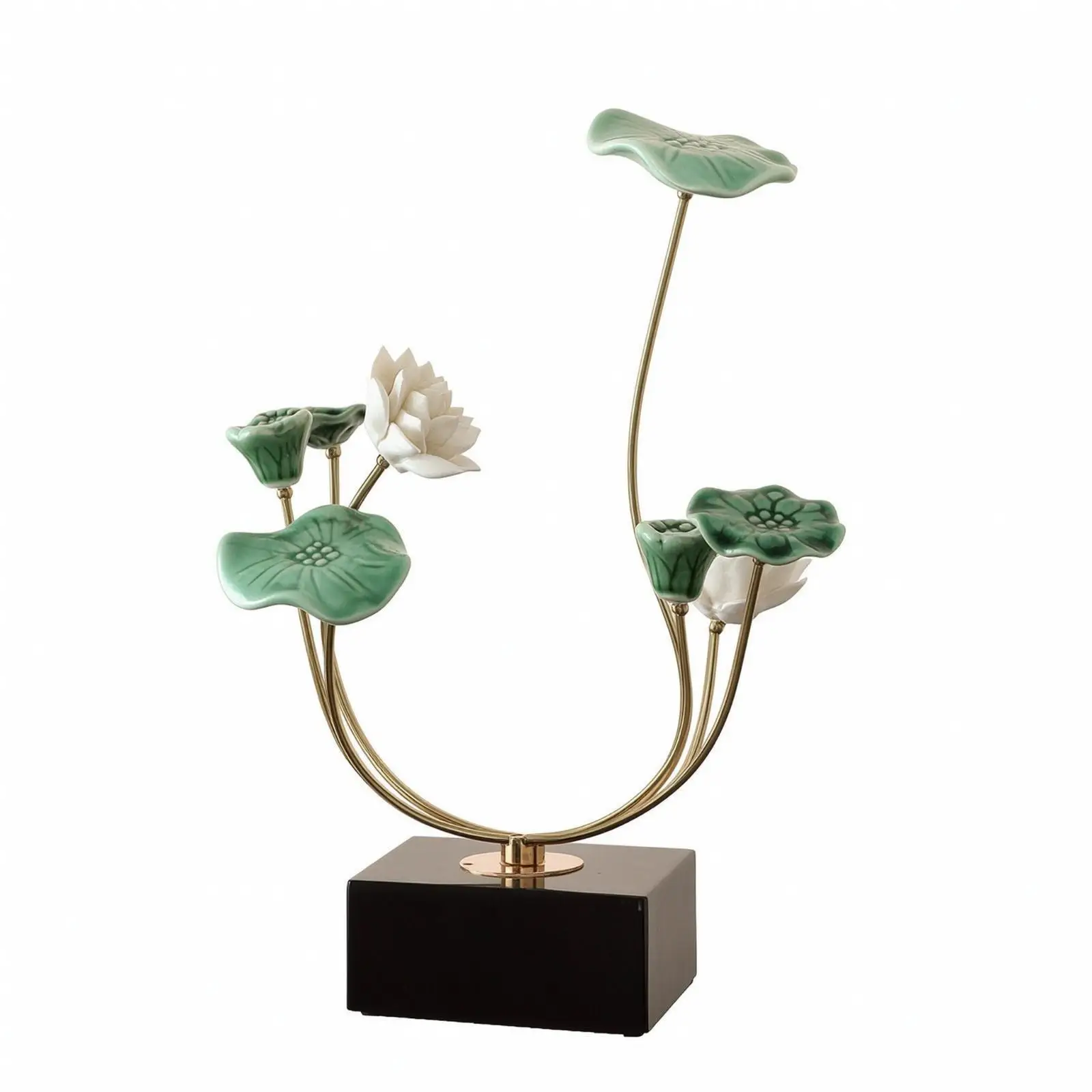 Elegant Ceramic Lotus Ornament Sculpture with Gold Metal Details for Entryway Luxury Indoor Decorative Art