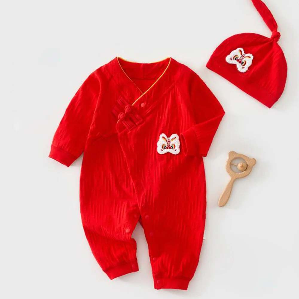 Chinese Baby Clothes Red Color Cotton Christmas Baby Rompers For Boys Girls Spring Autumn Unisex Newborn Jumpsuit With Hat