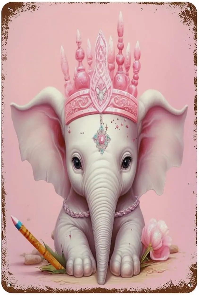 Metal Signs Pink Elephant Wearing A Crown And Holding A Pen Art Vintage Posters Abstract Art Cute Funny Custom Signs for Cafe Re