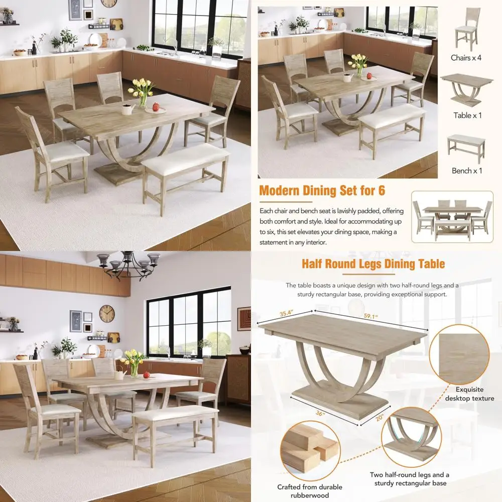 Set da pranzo semicircolare in legno da 6 pezzi con panca e sedie per cucina moderna e sala da pranzo