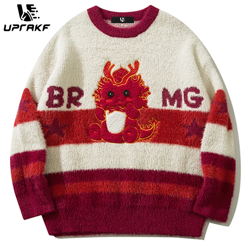 UPRAKF Cartoon Dragon Sweater Loose O-Neck Pullover Winter Long Sleeves Casual Fashion Warm Autumn