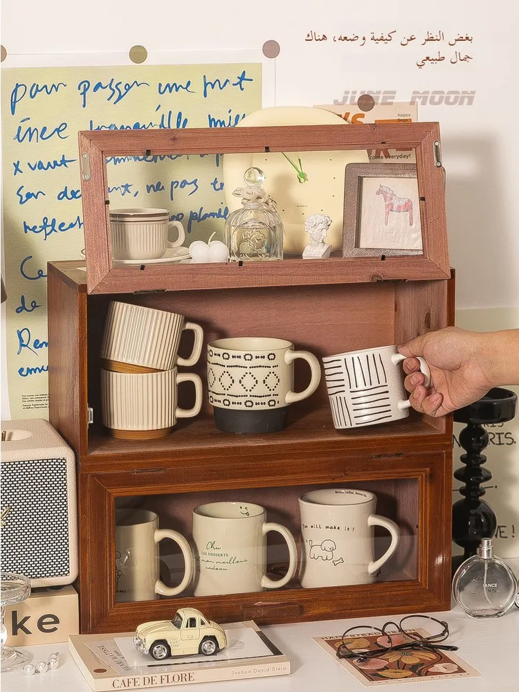 

Retro Wooden Tea Set Storage Cabinet Desktop Cosmetic Perfume Display elf Cup Mug Organizer Box Dustproof Rectangular Glass...