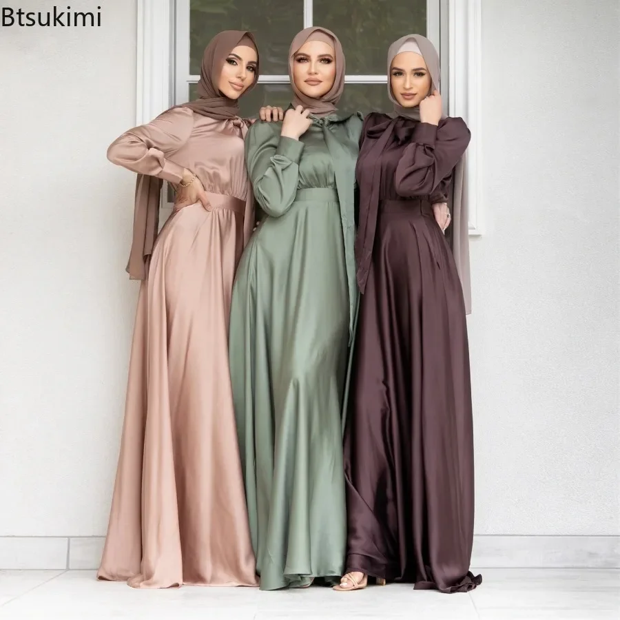 Robe élégante en satin pour femmes, mode musulmane, Abaya, Hijab, Dubaï, Turquie, robes de soirée, caftan arabe, vêtements islamiques féminins