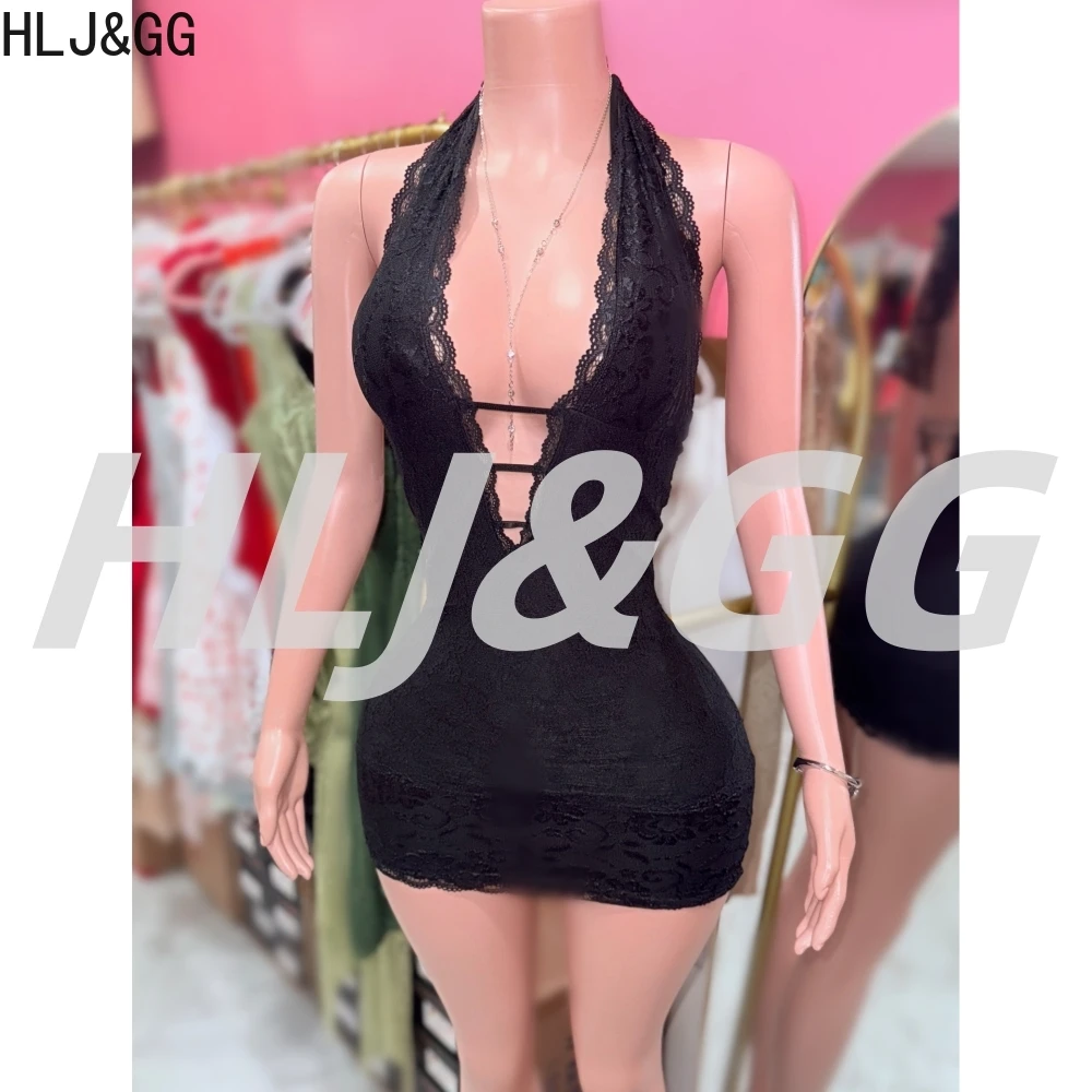 

HLJ&GG Sexy Lace Hollow Halter Bodycon Mini Dresses Women Sleeveless Backless Bandage Slim Vestidos Fashion Clubwear Streetwear