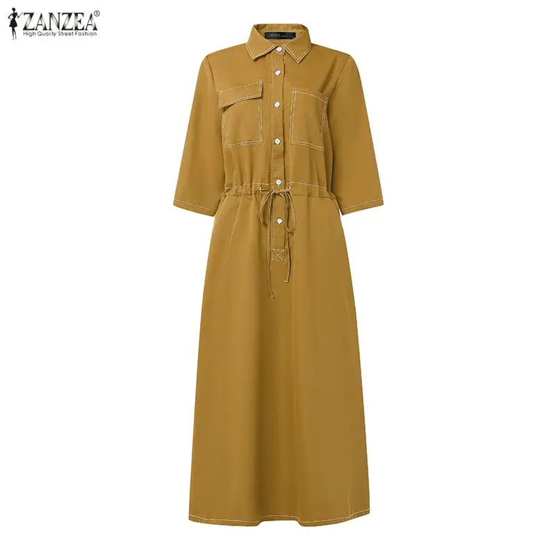 ZANZEA Women's Fashion Contrast-Stitch Long Dresses Turn-Down Collar Half Sleeve Half Buttons Cinch-Waist Woman Shirt Dress 2026