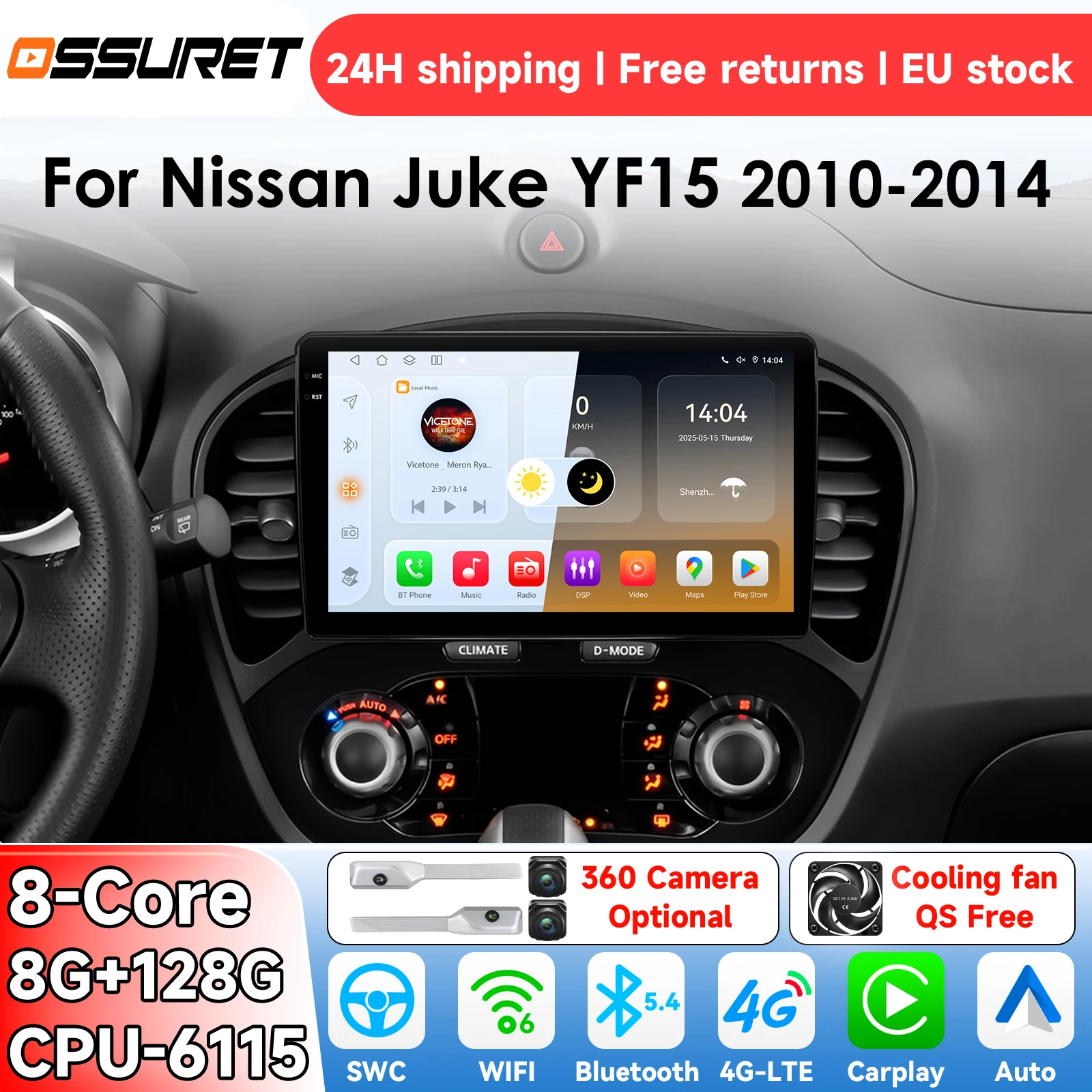 Autoradio Android 14 OSSURET pour Nissan Juke YF15 2010 - 2014, système intelligent Carplay, lecteur vidéo multimédia, GPS 4G 6115