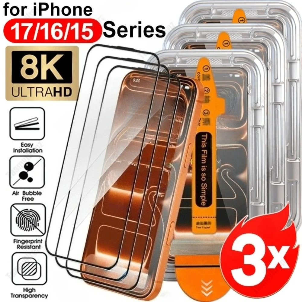 

3Pcs Ultra HD Full Tempered Glass for iPhone 17 16 15 14 Pro Air 15 16 Plus 13 12 11 Pro Mini One Click Installation Protectors