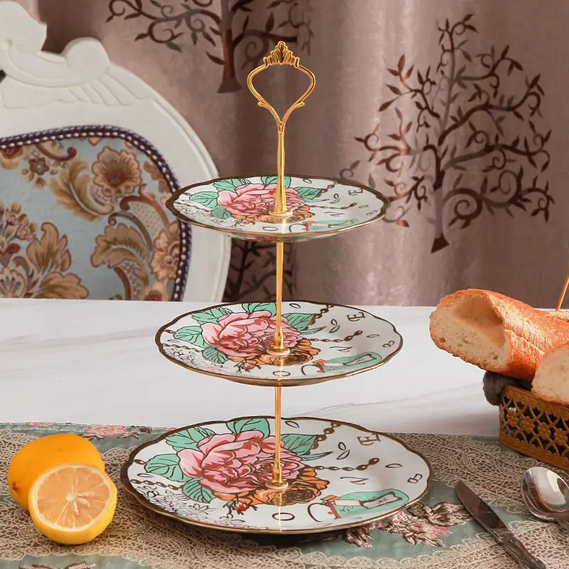 European Style 3-layer Ceramic Retro Cake Stand Fruit Plate Dessert Plate Ceramic Tea Set with Teapot for 6 People