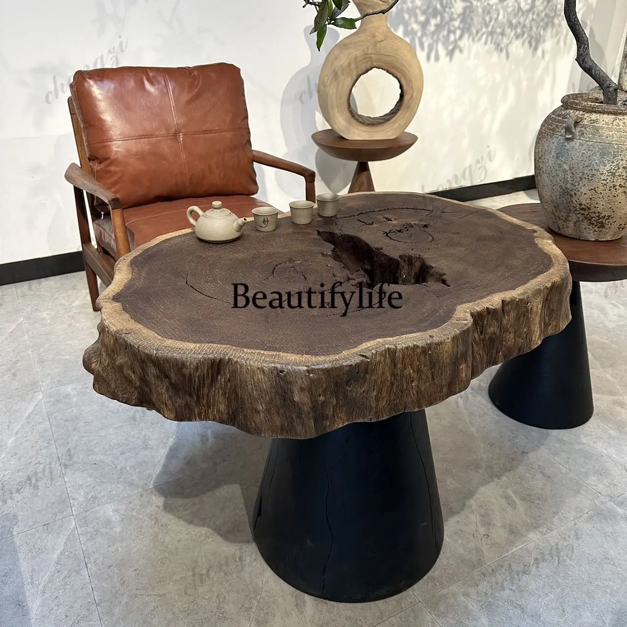 Quiet wind weathered wood new Chinese style solid wood coffee table log stump shape irregular modern simple slow life style