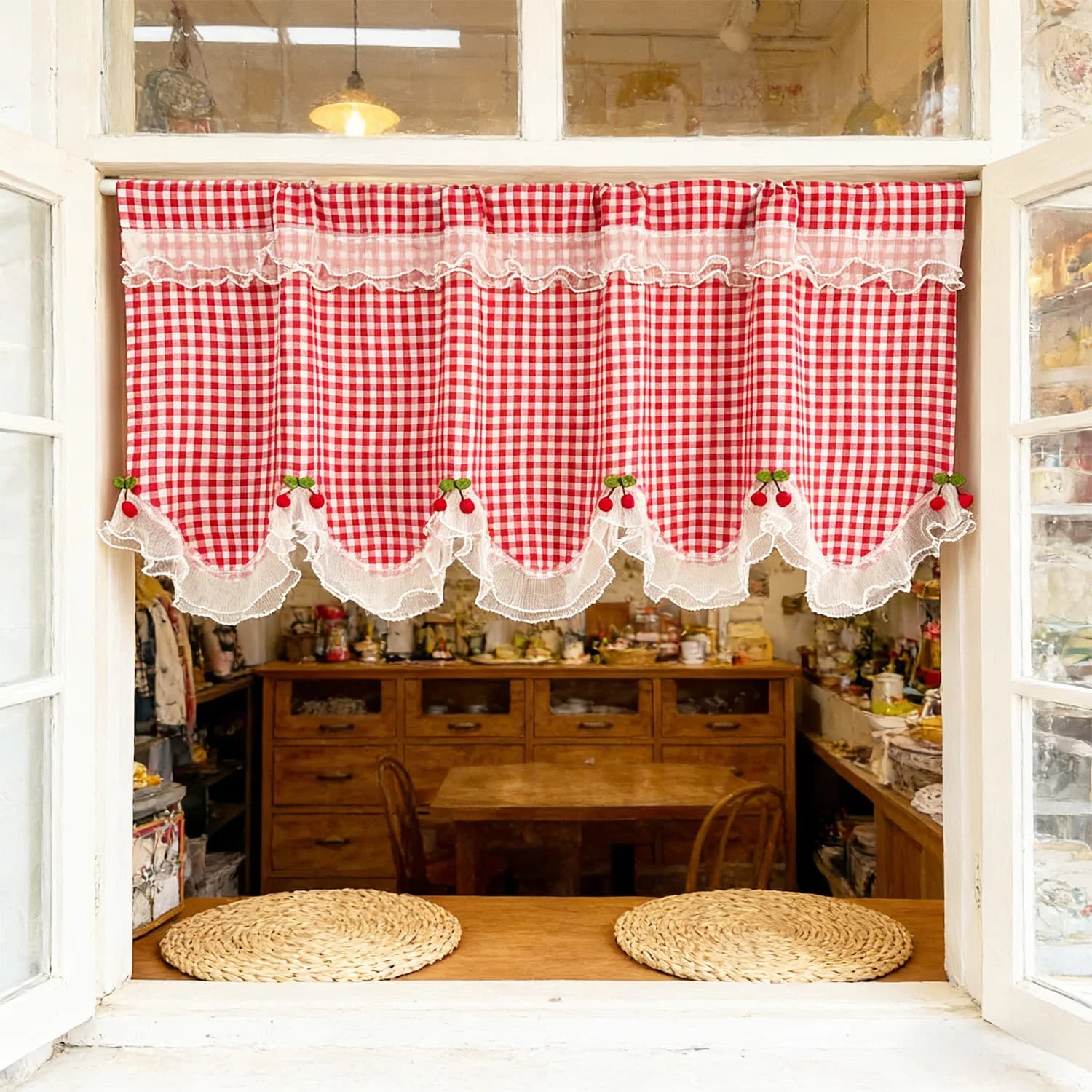 French Country Wavy Swag Valance Curtain, Luxury Beaded Trim with Cherry Decor, for Window, Rustic Farmhouse Home Decor