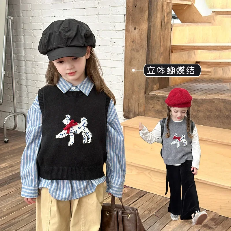 

Children Vest Baby Girls Boys Cute Cartoon Dog 3D Bow Warm Knit Sweater Vest Teenager Knitted Waistcoat Large Size High Quality