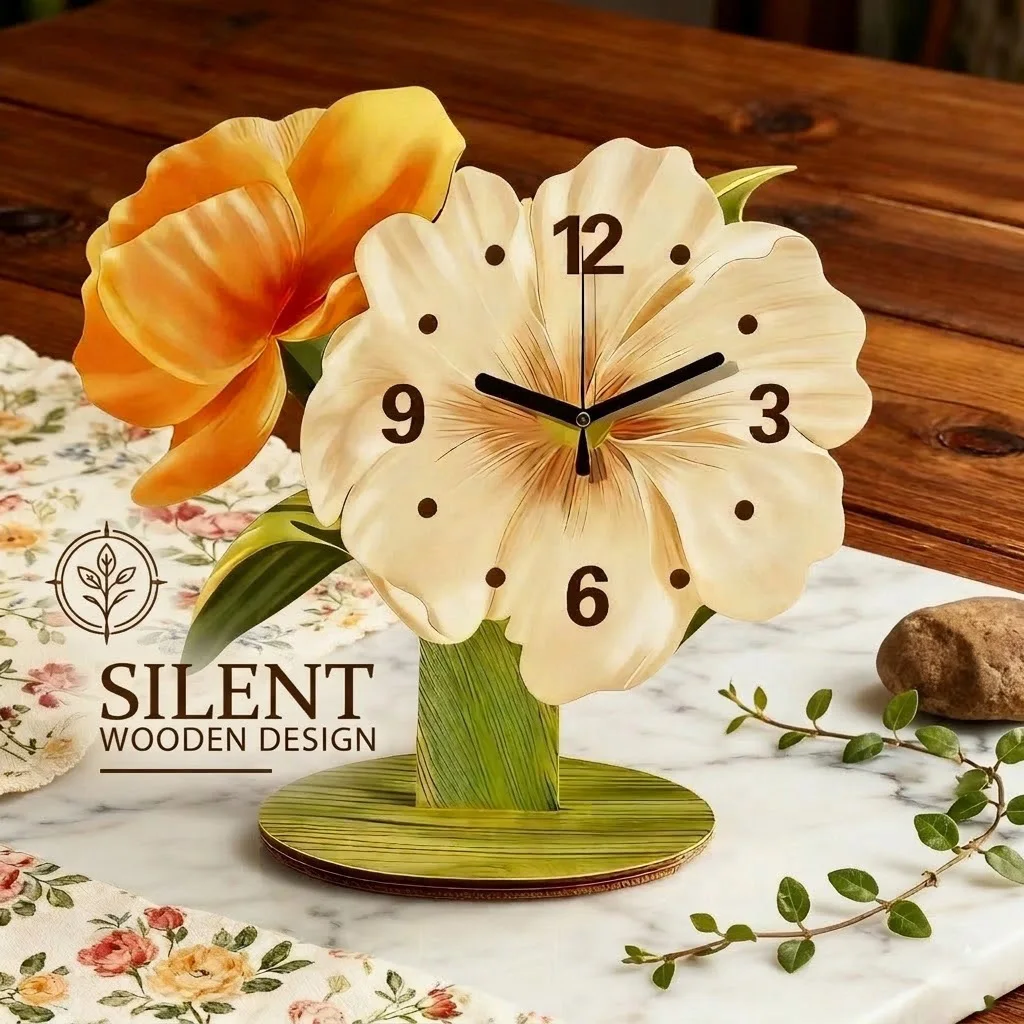 Flower Shaped Wooden Table Clock Silent Non-Ticking Quartz Decorative Desk Clock for Living Room Bedroom Office Home Decor