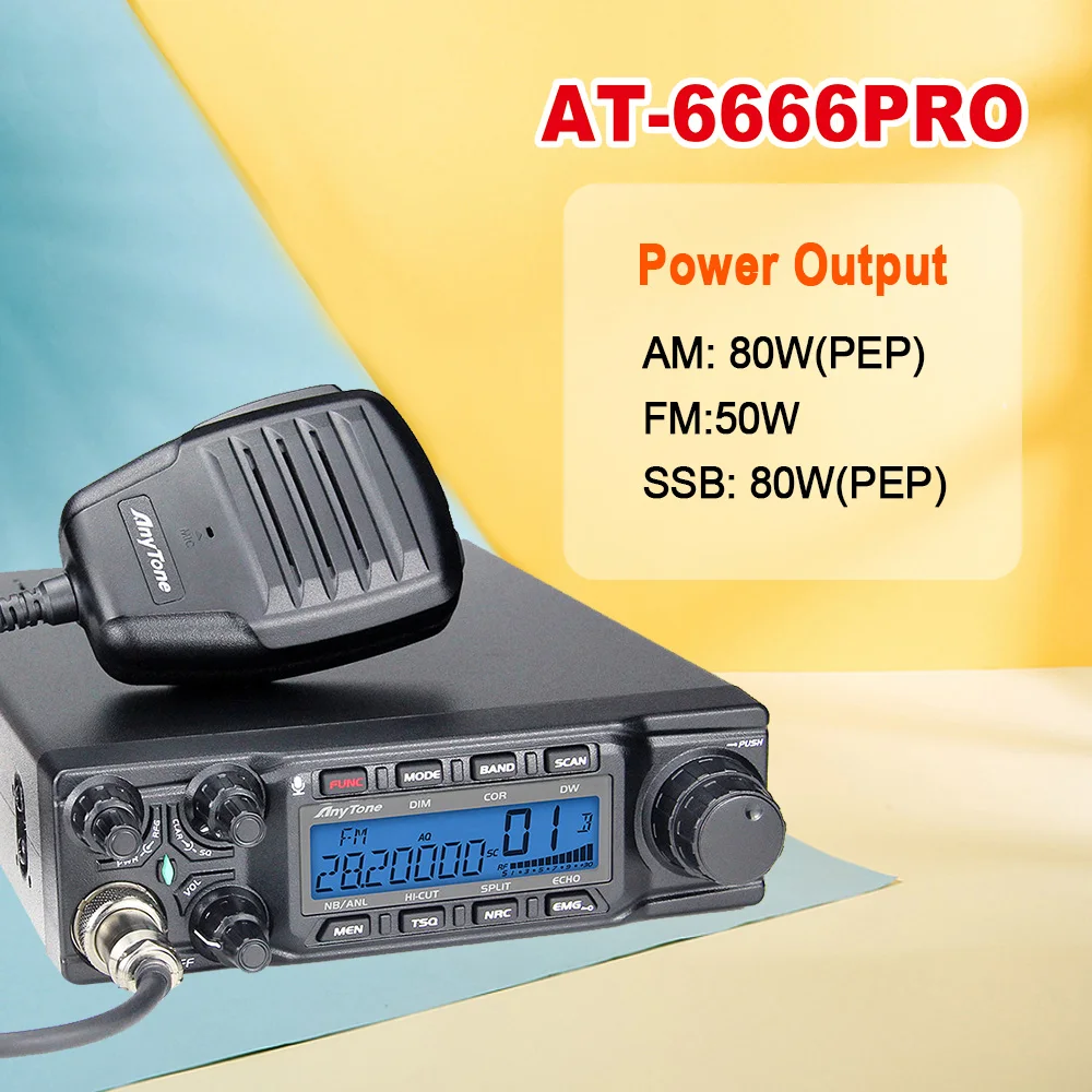 ANYTONE AT-6666 PRO CB Radio AT-6666Pro 28.000-29.700MHz Programmable 80W High Power with FM CW 10 Meter band for truck drivers