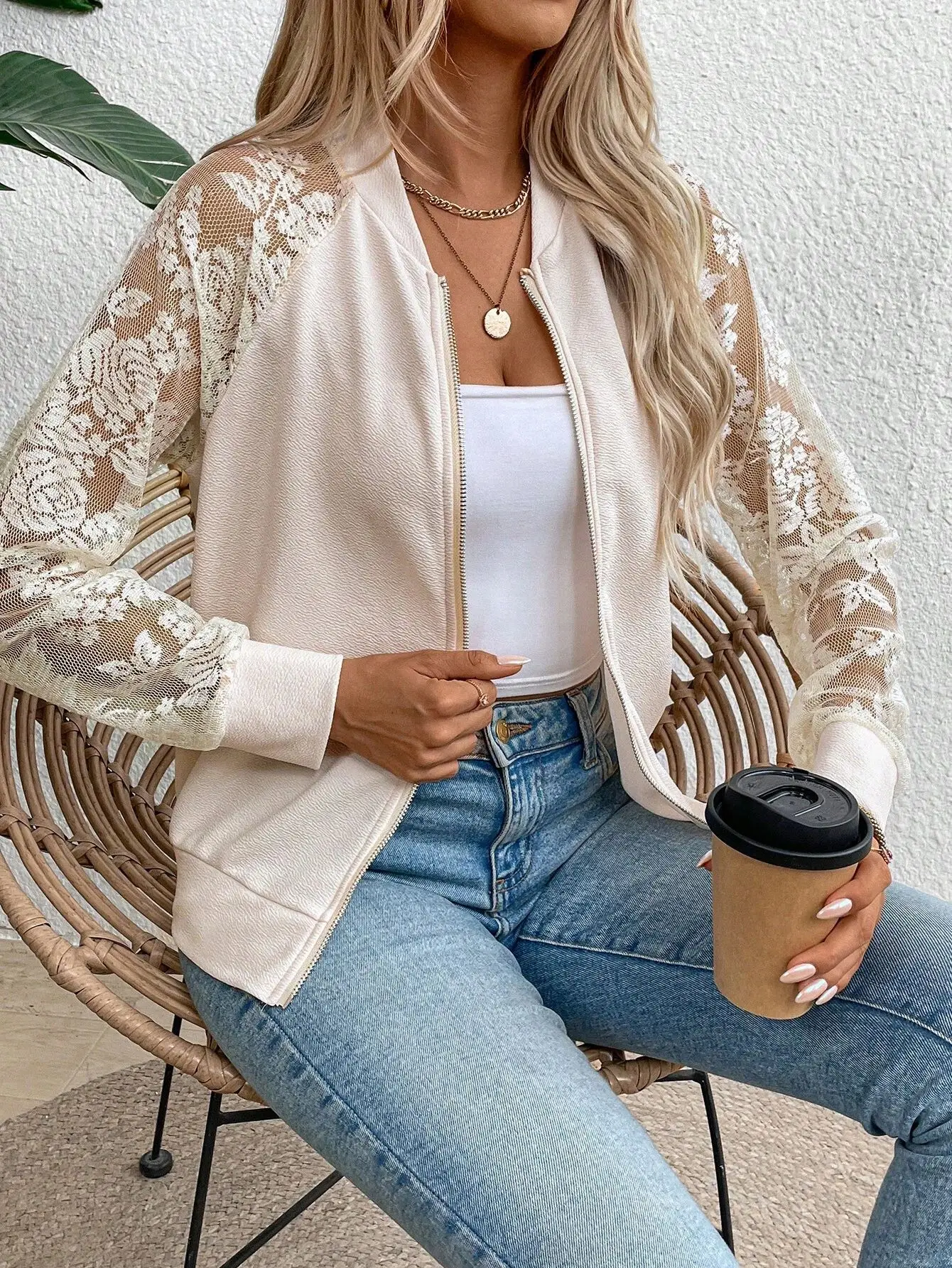 Women Zip Up Jacket Lace Splice Long Sleeve Baseball Collar Casual Raglan Sleeve Outerwear Cardigan