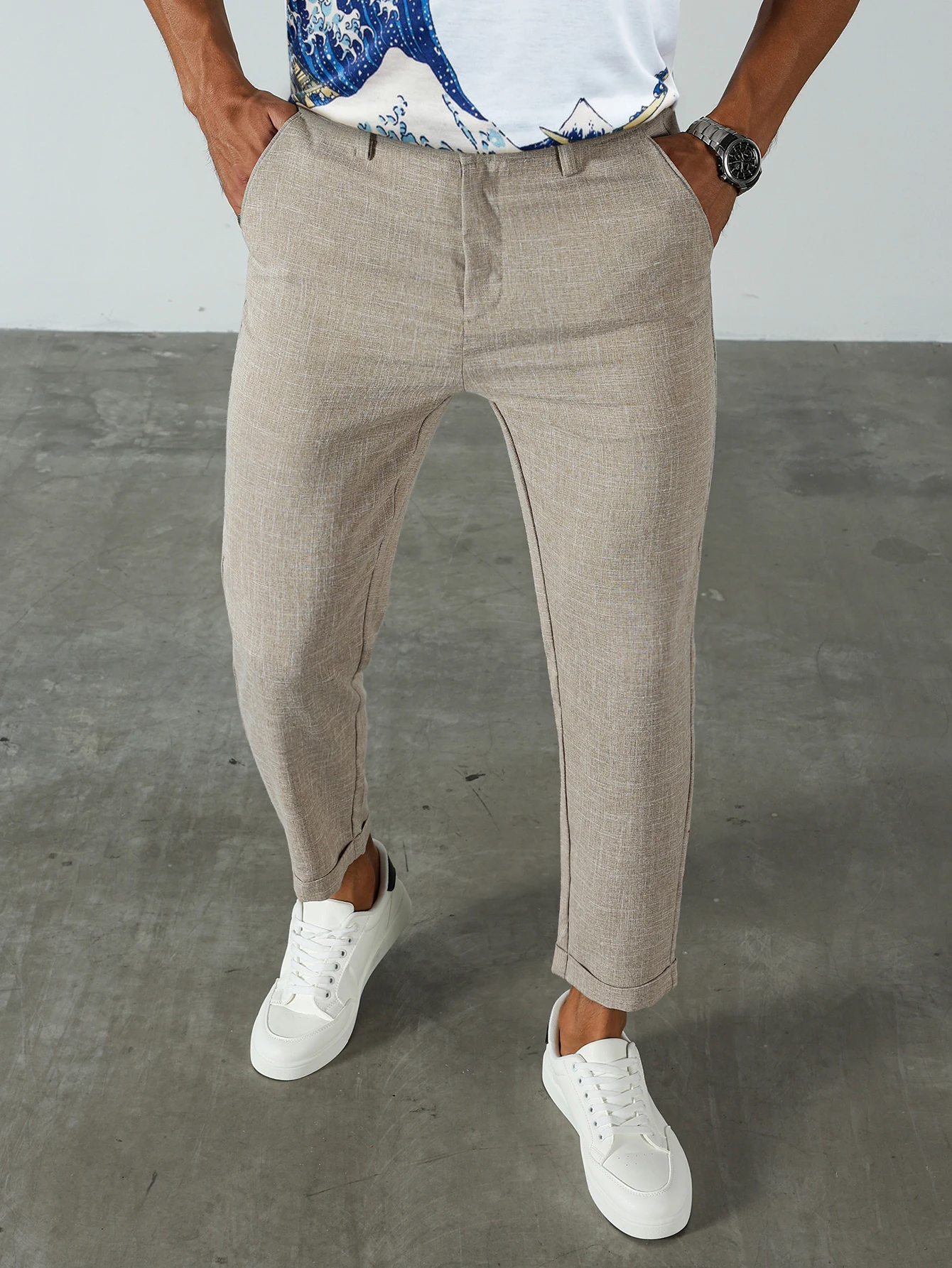 Men Textured Cuffed Hem Cropped Ankle Chino Pants 95% Polyester 5% Elastane Slim Stretch Business Casual Trousers S-XXL Khaki
