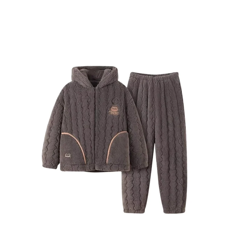 

Large Size Pajamas Men's Winter Coral Fleece Three-layer Padded Thickened Fleece Autumn Winter Men's Youth Flannel Homewear Set