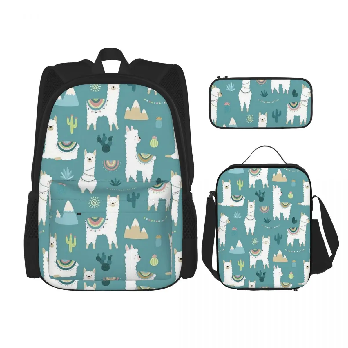 

Llama Alpaca Animal Backpacks Boys Girls Bookbag Students School Bags Kids Rucksack Lunch Bag Pen Bag Three-Piece Set