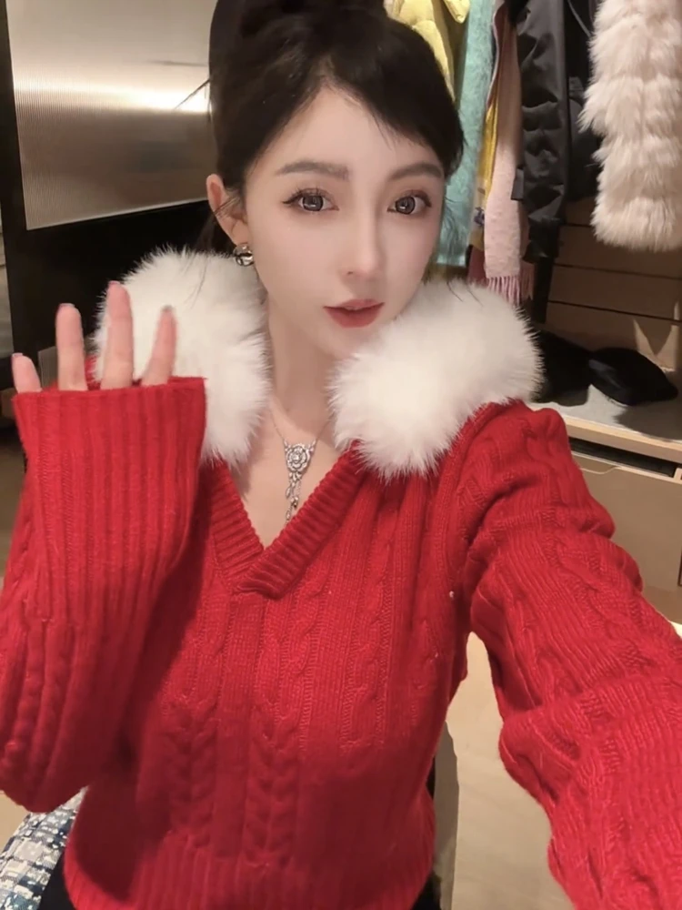 

Tianjiao Baby New Year Knitted Sweater Red Twist Hat White Fur Collar Winter Warm Snug Fit Sweet Sle Long Sve Color