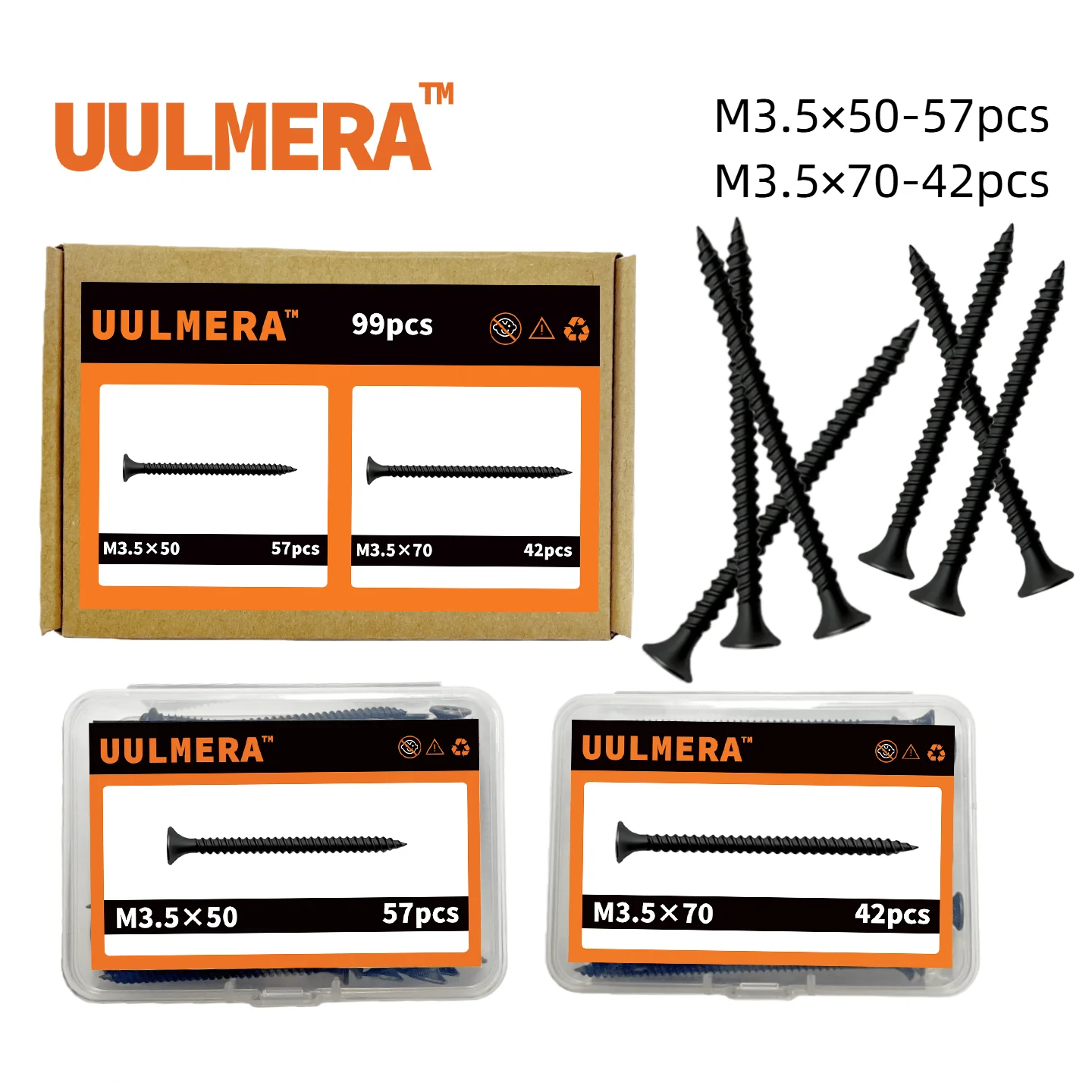 UULMERA 99pcs schrauben two specifications: M3.5×50 (57 pcs), M3.5×70 (42 pcs), holzschrauben set，selbstschneidende schrauben