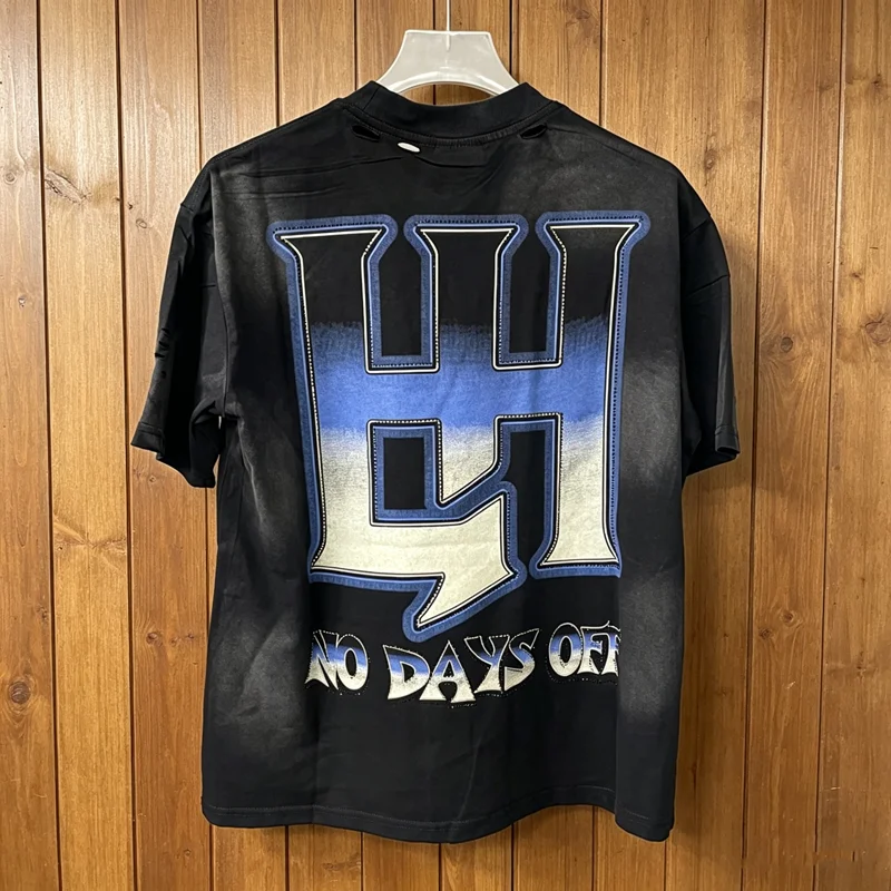 Classic Embroidery Rhinestone Life Hustlers Alien Style Print T-shirt Men Women Washed Hole Damaged Loose Short Sleeve American