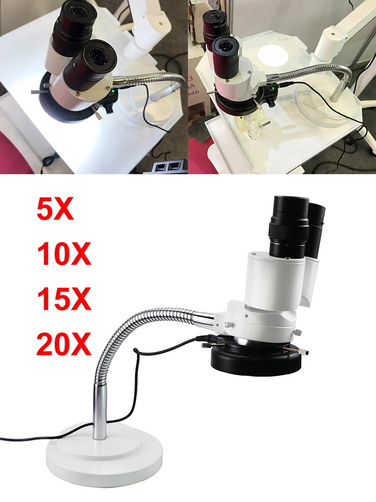 Binocular Microscope LED Light Lamp 5X 10X 15X 20X – Adjustable Flexible Hose for Dental Lab Workshop Phone PCB Soldering  ﻿