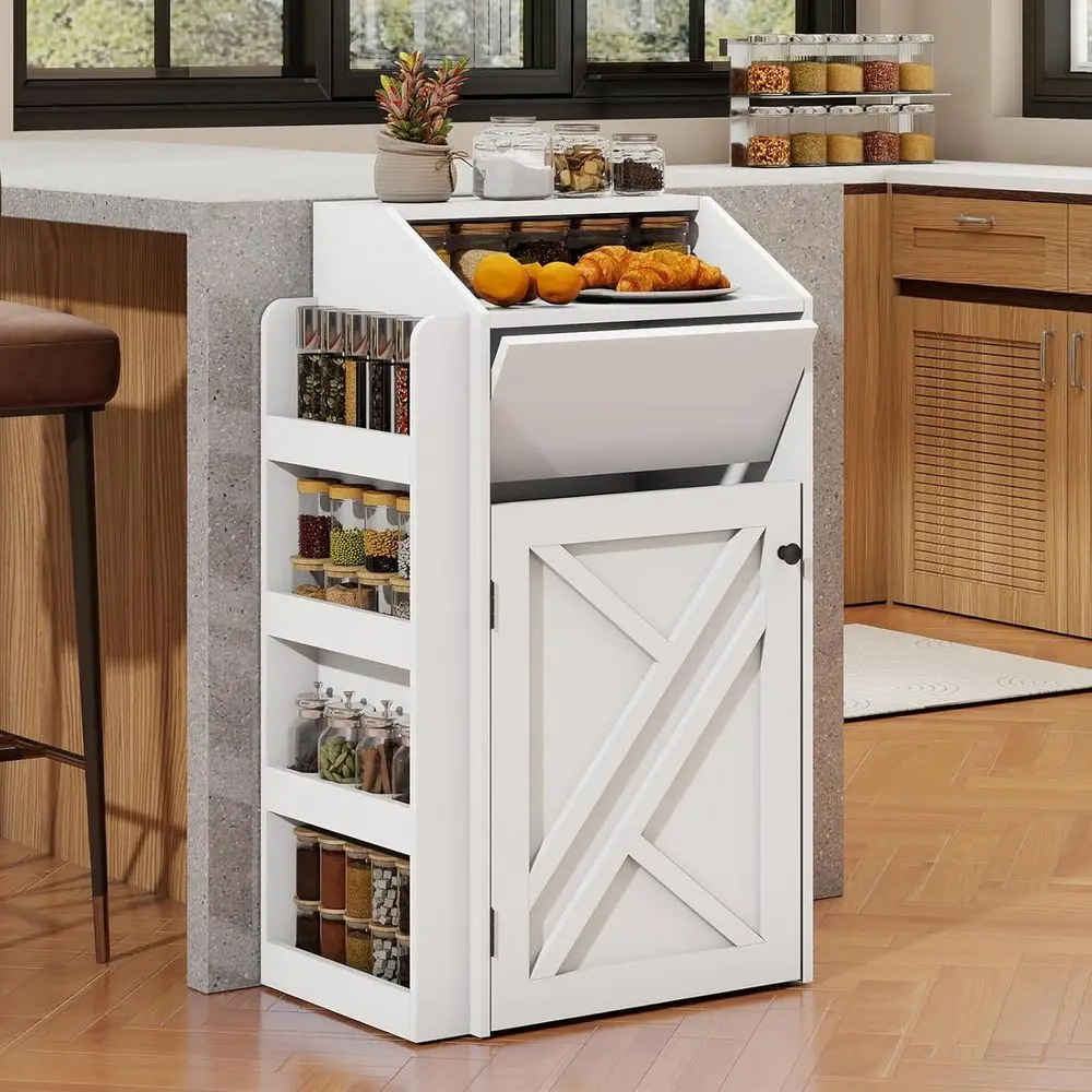 

Kitchen Trash Cabinet, Standing Waste Bin with Lip Door, Wooden Recycling Trash Cabinet, White