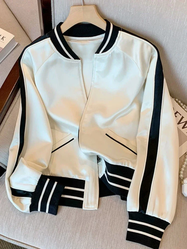 Fashion Satin Loose Baseball Jackets Coat For Women Autumn Streetwear Basic Coat Panelled Color Casual Jacket 2024 spring