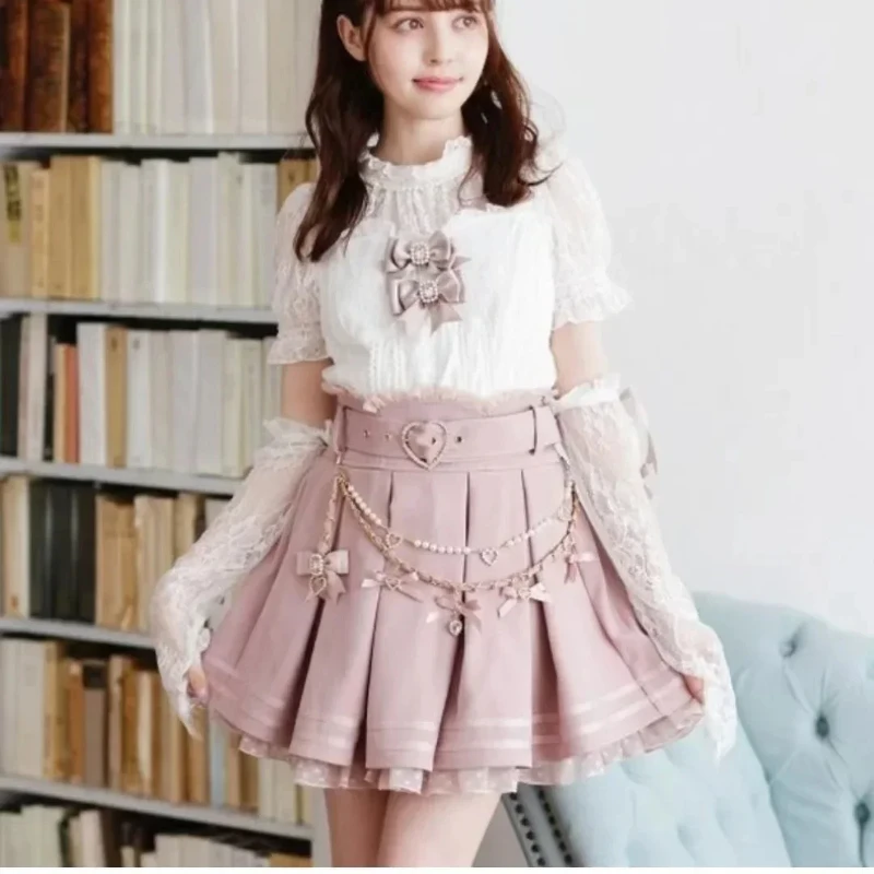 

New Japanese Rojita Cute Liz Summer Love Belt Pleated Skirt Women Sweet Lace Stitching High Waist A-Line Short Skirts For Girls