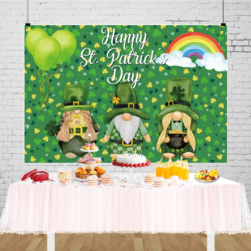 St Patricks Day Backdrop Gnome Decoration Green Hat Festival Irish Shamrocks Party Decor Banner Leprechaun Photo Background PA01