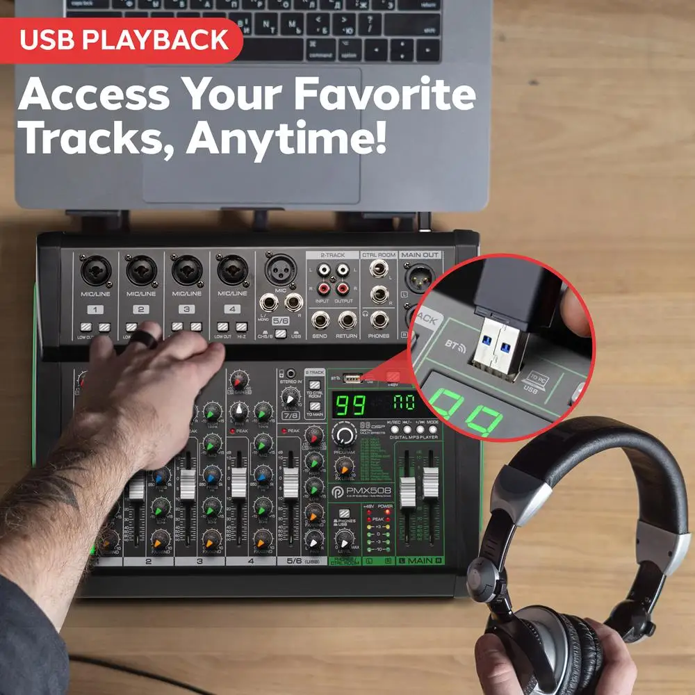 خلاط صوت ذو 8 قنوات، خلاط استوديو بلوتوث، متوافق مع MP3، مدخلات XLR، شاشة LED، تأثيرات رقمية