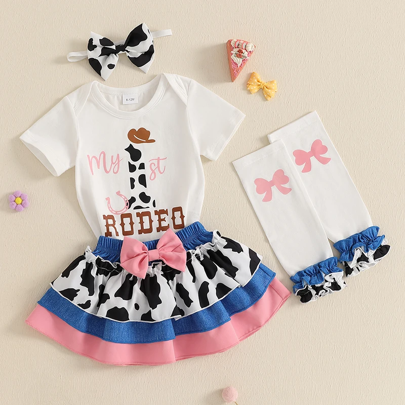 

VISgogo Baby Girls Western Outfits Short Sleeve Romper + Skirt + Headband + Leg Warmers Set Infant Clothes