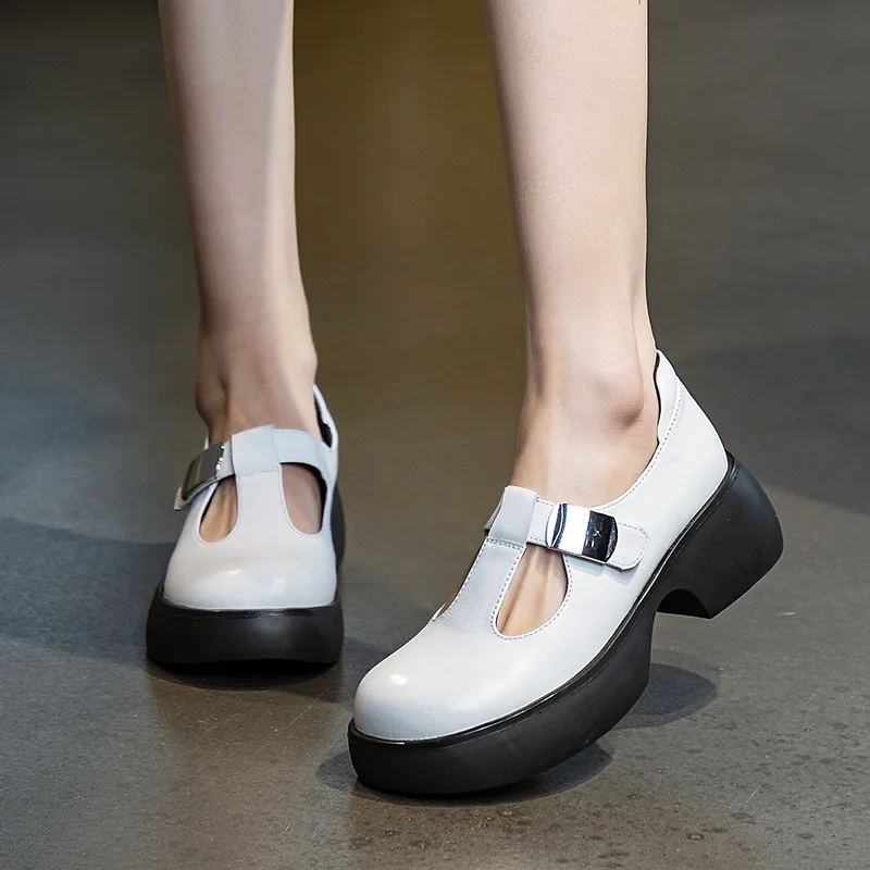 DRKANOL 2024 Fashion Women Thick Heel Loafers Spring Round Toe Genuine Cow Leather British Style Metal Versatile Casual Shoes