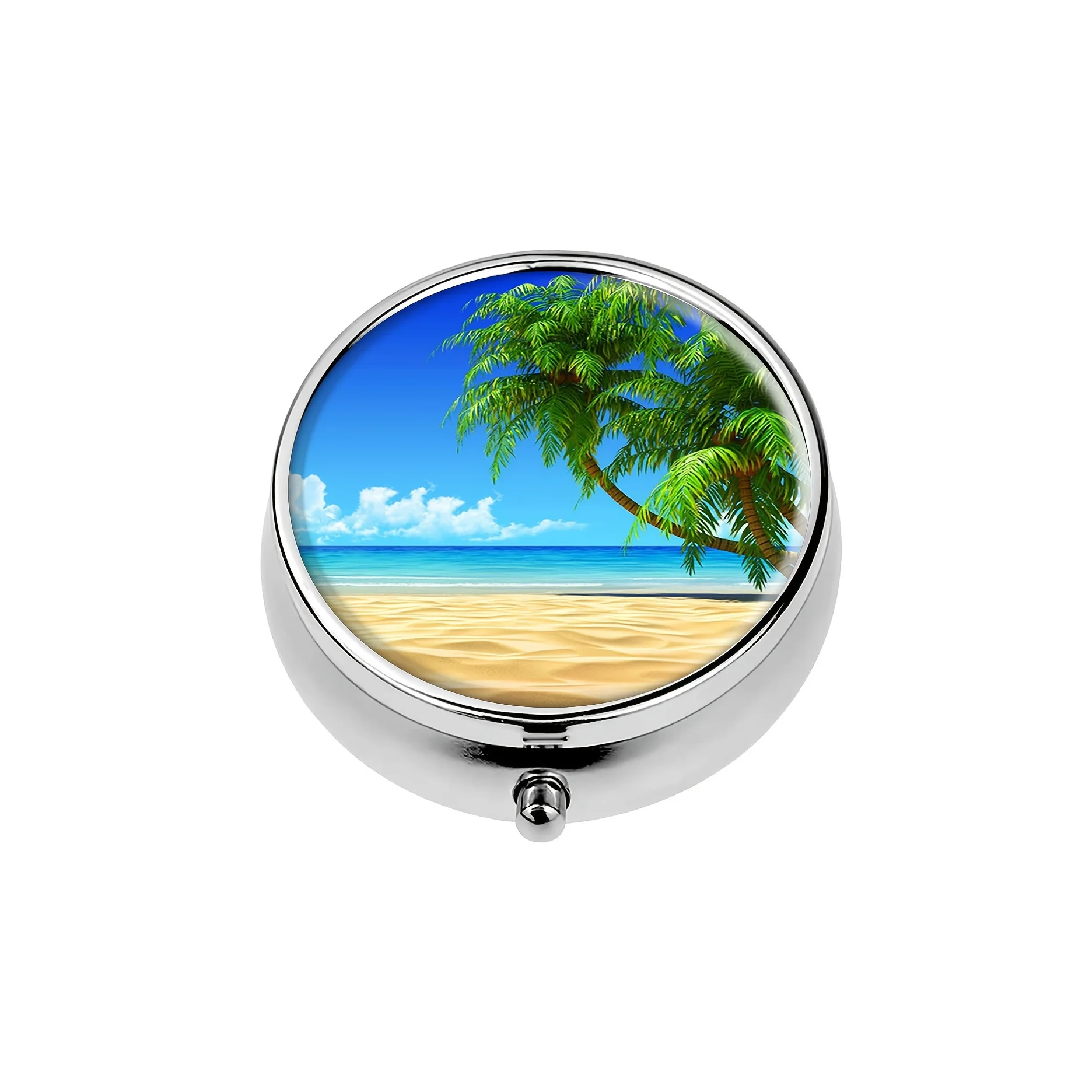 beach and coconut tree round medicine box,3 compartments pocket wallet portable travel tablets vitamin rack storage pill box