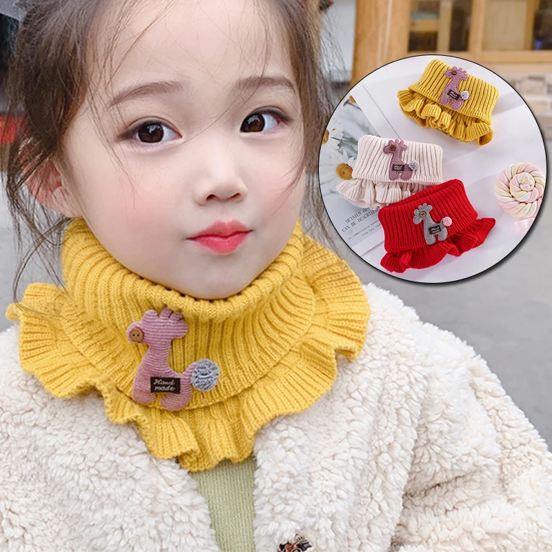 Colorful Baby Knitted Scarf Cartoon Giraffe Ruffle Neck Girls Kids Warm Scarves Collar Circle Winter Warmer Neckerchief Supplies