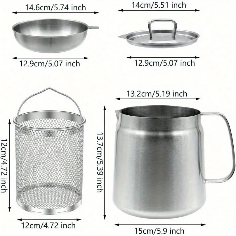 304 Stainless Steel Oil Filter Pot with Strainer Deep Fryer Basket for Kitchen, Multi-function Frying Net Tank Grease Container