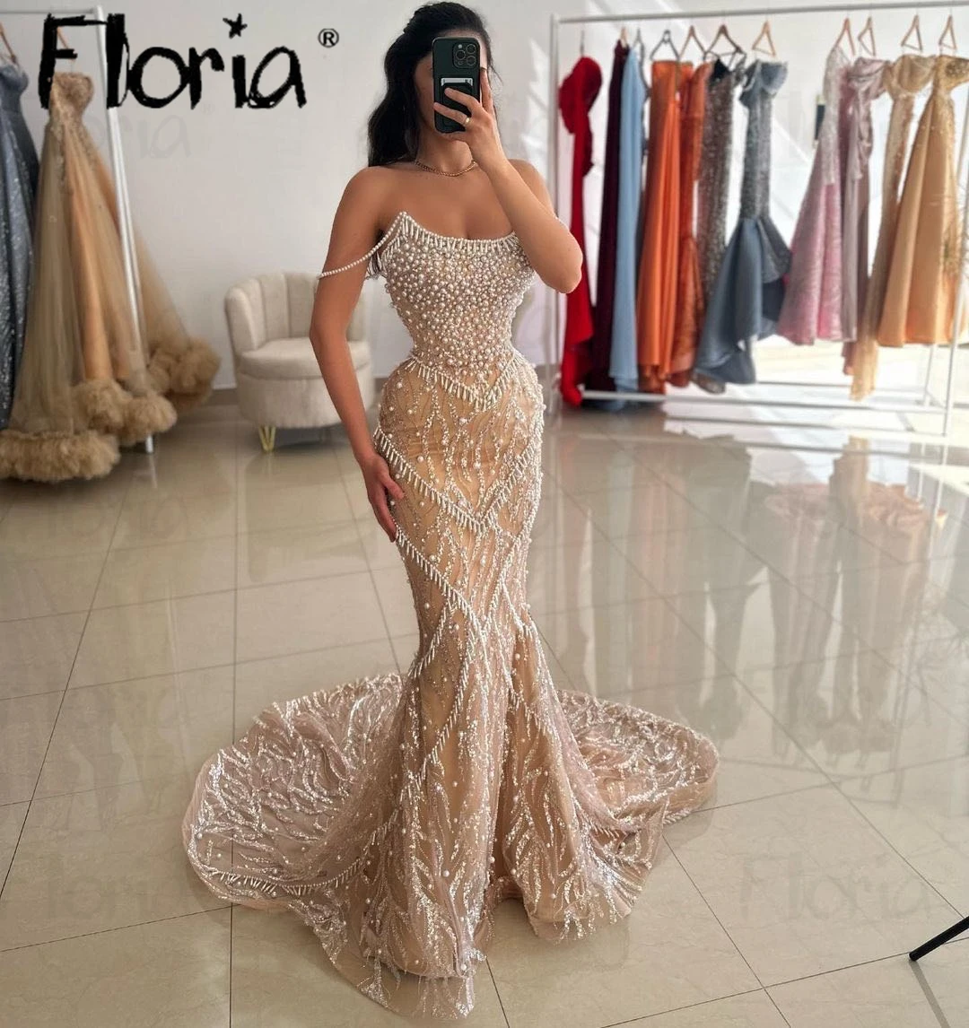 Volledige Parels Champagne Spaghettibandjes Feestjurk Arabische Elegante Zeemeermin Off Shoulder Luxe Galajurken Vestido De Noiva