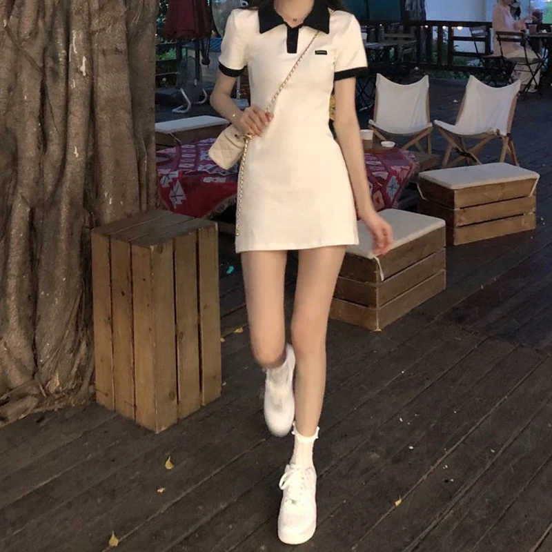 Polo Women's Dress 2023 Summer Y2K One Pieces Korea White Short Sleeve Mini Skirt Slim Tight Collar Dress Female Kpop Outfit Ins