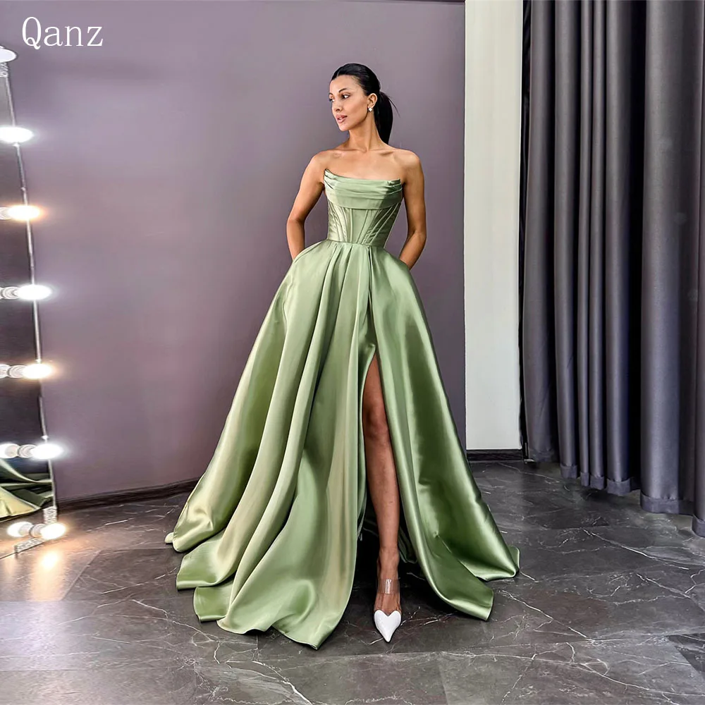 

Qanz Sage Green Evening Dresses Satin High Slit Strapless Vestidos De Fiesta Elegantes with Pocket Party Prom Gown Customized