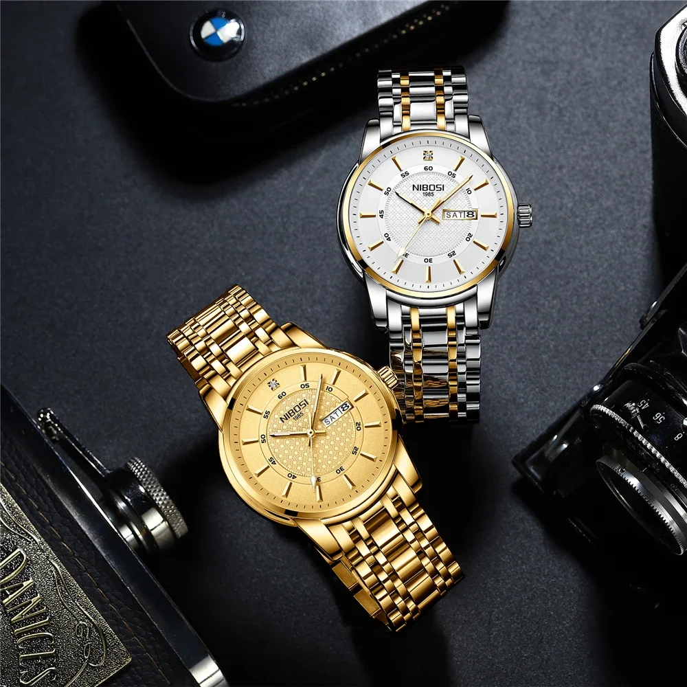 NIBOSI Watches Men Luxury Brand Stainless Steel Date Week Simple Sport Quartz Watch Men Waterproof Business Dress Wristwatch
