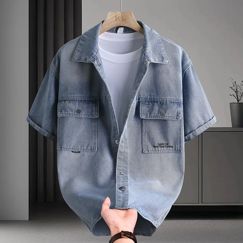 Immagine 5: Camicia in Denim da Uomo, Moda Estiva, Tinta Unita, Traspirante, in Misto Cotone, Casual, Manica Corta, Stile Urbano
