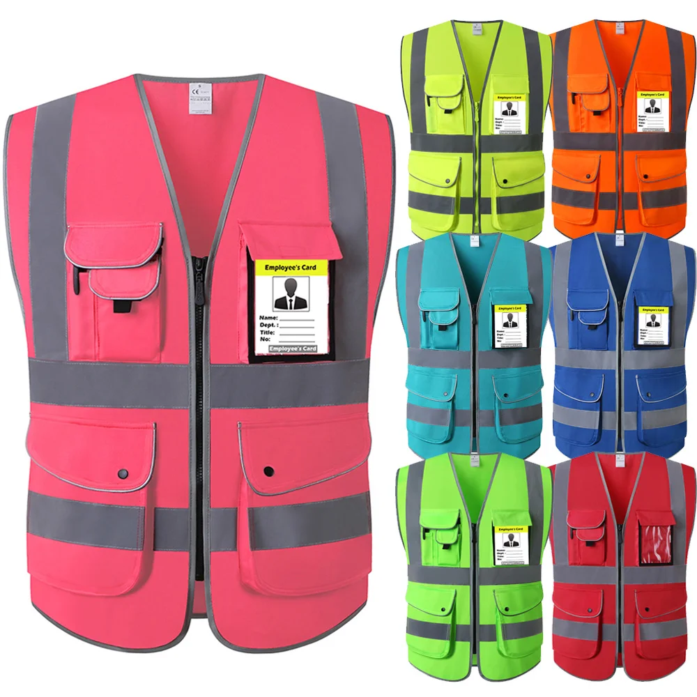 Hi Vis-chaleco de seguridad para mujer, chaleco de seguridad con rayas reflectantes, bolsillos y cremallera, color rosa