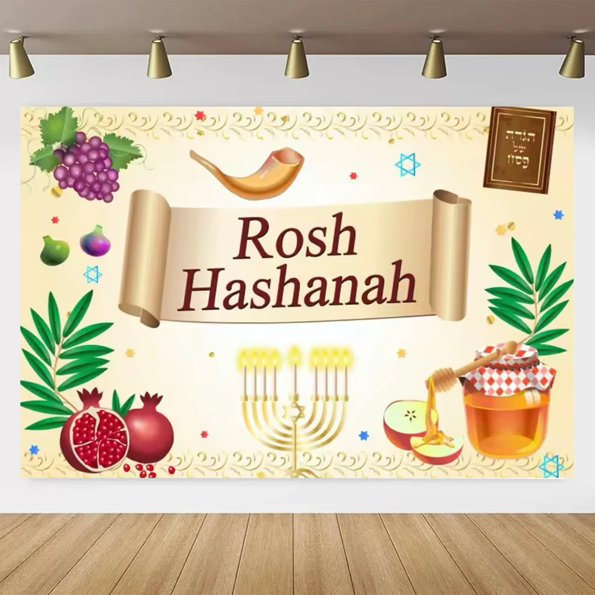 Rosh Hashanah Jewish New Year Theme Background Pomegranate Honey Family Gathering Shofar Wooden Board Photography Background