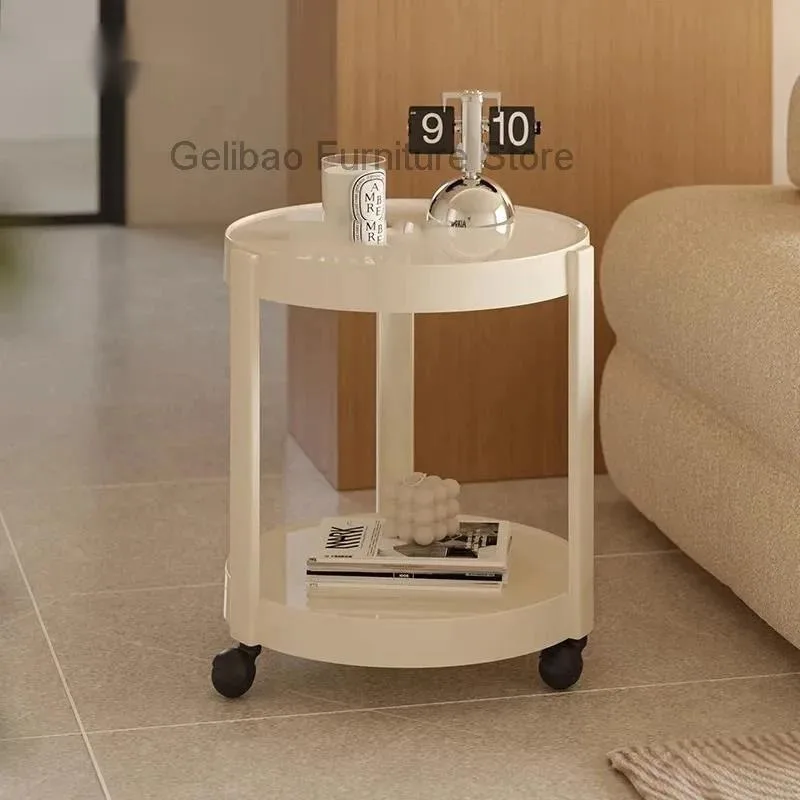 

Realife Sofa side table living room movable trolley household round coffee table cream wind bedroom bedside small round table