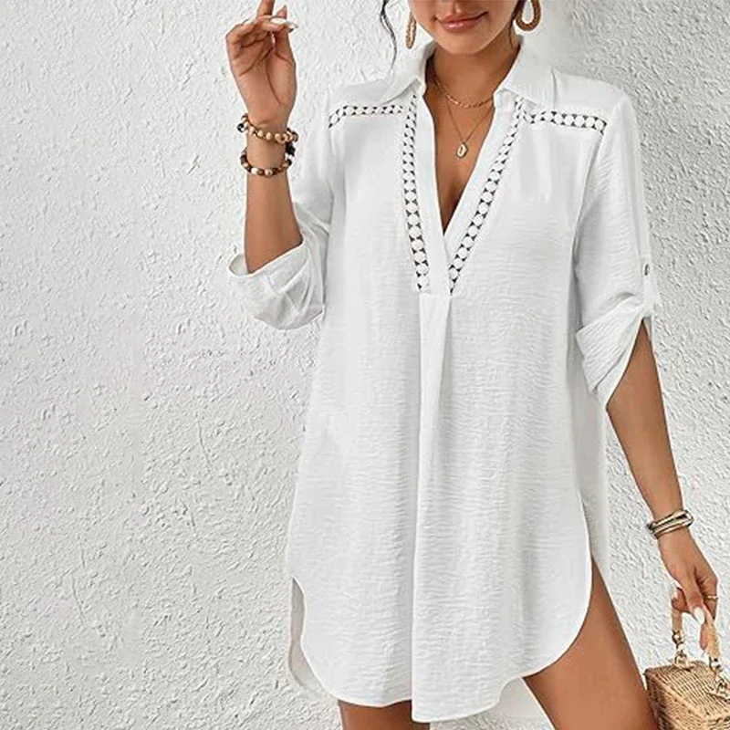 Nuevo cuello en V de encaje blanco hueco camisas grandes mujeres playa vocación Bikini cubrir Ups traje de baño traje de baño verano ropa de playa túnica