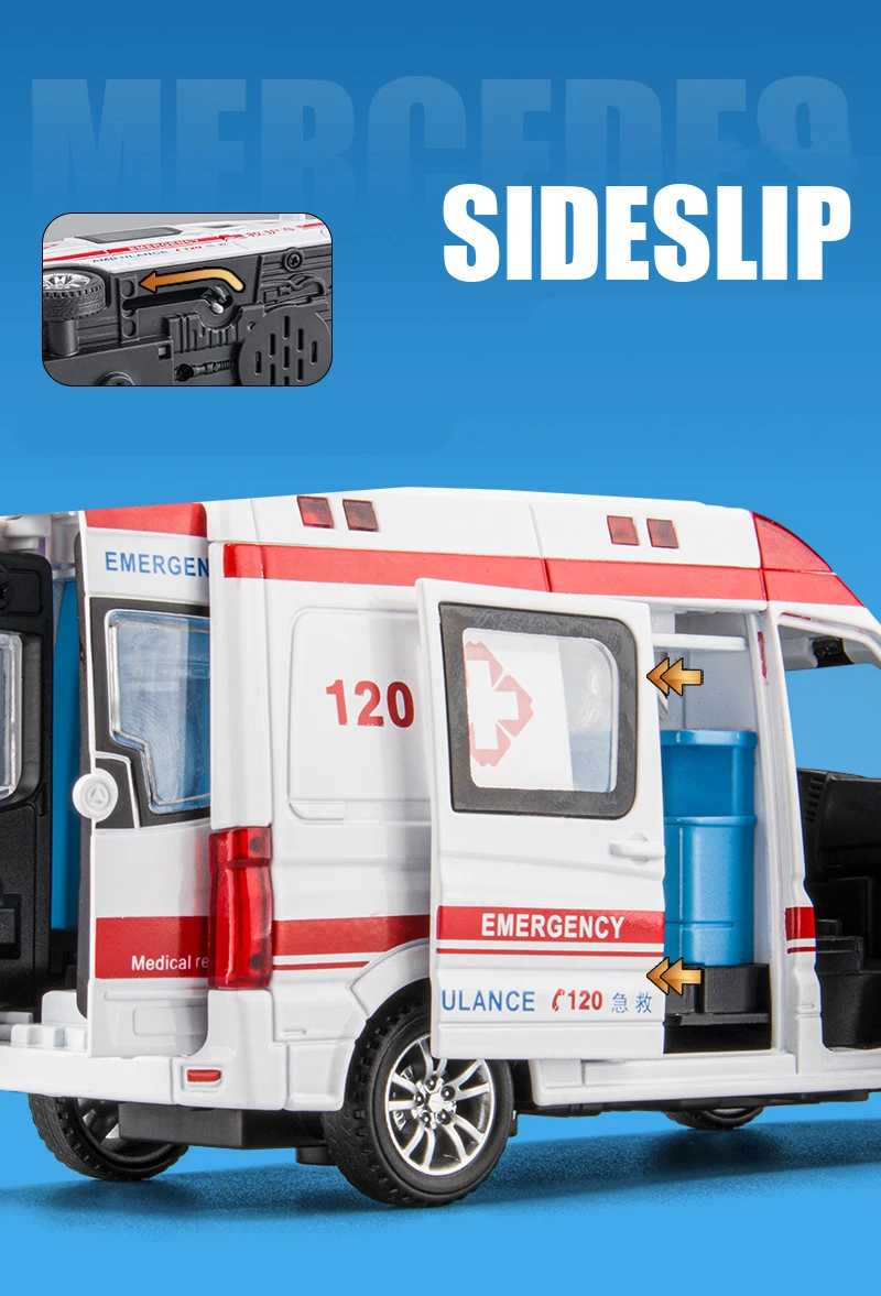 1:34 FORD Transit Alloy Ambulance Vehicles Car Model Diecast Metal Toy Broadcast Car Model Simulation Sound and Light Kids Gifts
